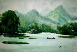 Hill village, Painting: Nantu Chakma